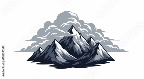 Jagged, snow-capped peaks emerge from dramatic, dark clouds