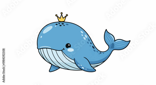 Cute cartoon blue whale with a golden crown and playful spots