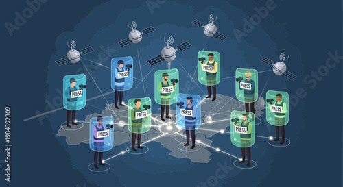 Global communication network, Press freedom day,  social media icons, people connected, digital illustration