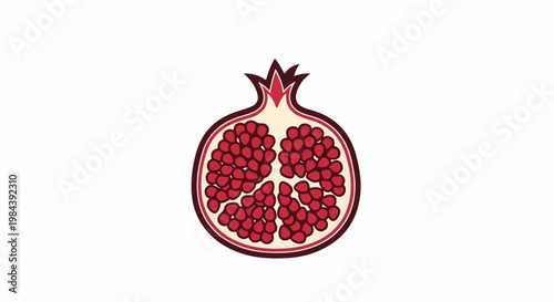 A stylized cross-section of a ripe pomegranate, revealing its juicy red seeds