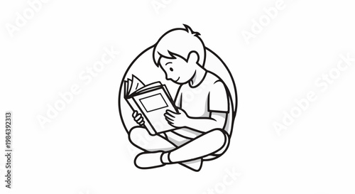 Cartoon boy sitting cross-legged, engrossed in reading an open book