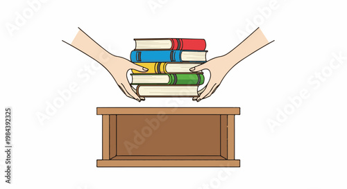 Hands holding a stack of colorful books over a wooden shelf