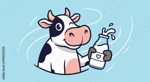 Cartoon cow with a bottle of milk on a light blue background