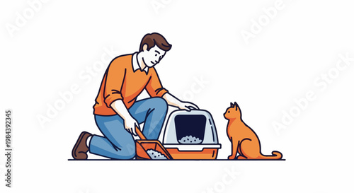 Person cleaning cat litter box with cat watching