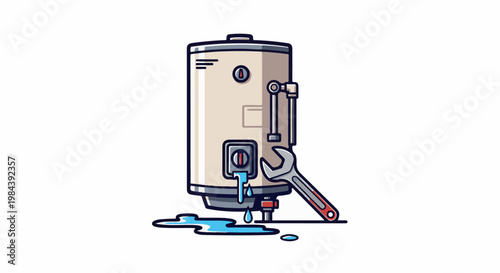 Leaking water heater being repaired with a wrench and dripping water