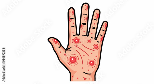 Cartoon hand with red rash and circular lesions