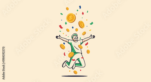 Joyful person leaping with arms wide, coins and confetti raining down