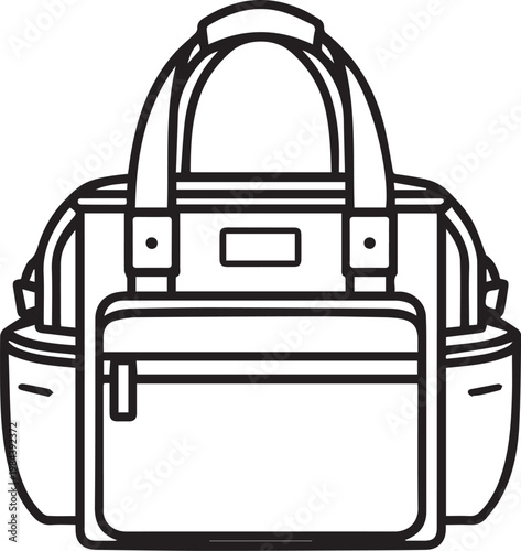 A detailed and clean black-and-white vector illustration of a diaper bag, designed with multiple compartments and sturdy handles, perfect for carrying all essentials.