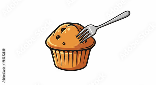 Cartoon muffin with chocolate chips and a fork piercing its top