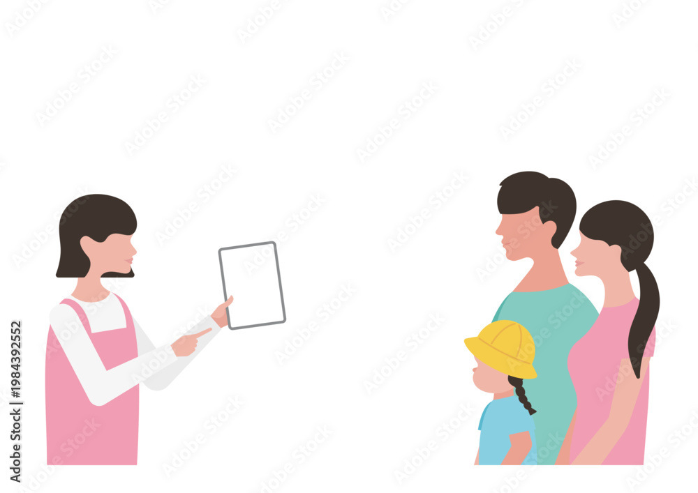 Fototapeta premium タブレットで説明をする保育士と女の子・両親のベクターイラスト素