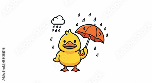Cute yellow duckling holding orange umbrella in rain