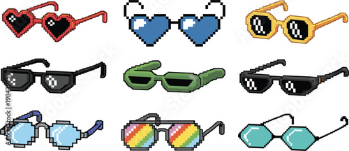 Pixel sunglasses collection set, retro 8bit eyewear icons, colorful fashion glasses vector illustration for gaming