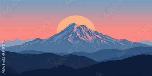 A breathtaking winter landscape of the snow-covered Mount Hood peak in Oregon during a vibrant sunrise and sunset with a view of the volcano glacier under a cloudy sky