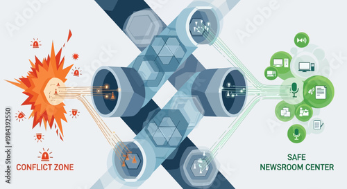 Conflict zone, newsroom icons, Press freedom day, journalism symbols, safe reporting graphics, vector set