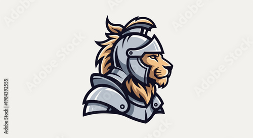 Fierce lion wearing knight armor, profile view