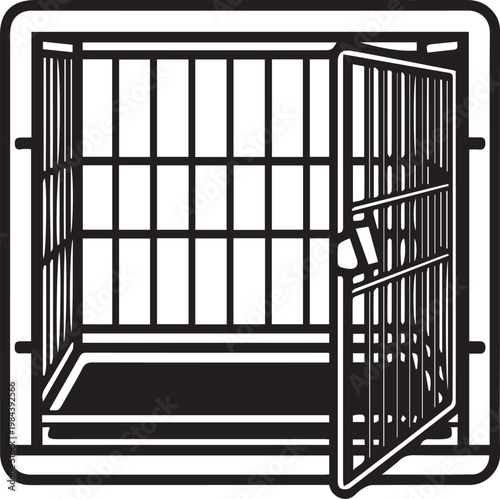 A detailed black and white illustration of an empty pet carrier with an open door, highlighting themes of confinement and security, perfect for visual storytelling.