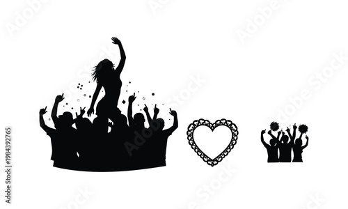 Cheering crowd vector silhouette with woman on shoulders and decorative heart line art frame.