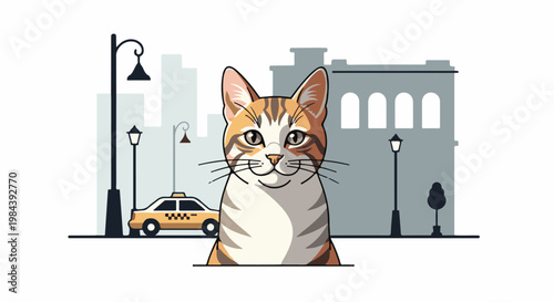 Adorable cat with tabby stripes peeking over a city street scene