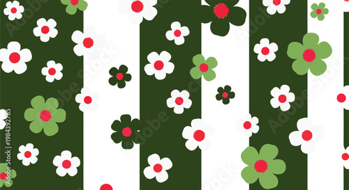Floral Pattern, Green Striped Background, White and Red Flowers, Vector Illustration, Seamless Design