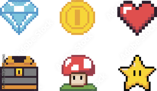Pixel game icons set with coin heart diamond chest mushroom star, retro 8bit vector illustration collection