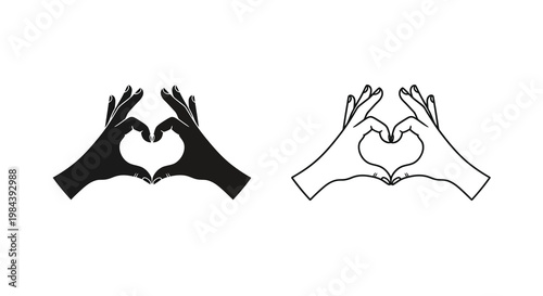Two hands forming a heart shape black and white artistic silhouette
