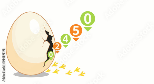 Cracked egg with numbered steps and chicken footprints indicating hatching