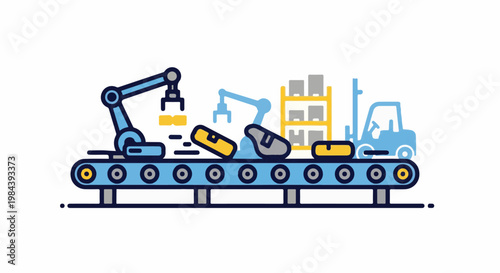 Automated factory conveyor belt with robotic arms, shelves, and forklift