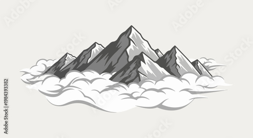 Jagged peaks rise majestically from a bed of soft, billowing clouds