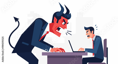 Devilish boss shouts at employee working on laptop, stressful work environment