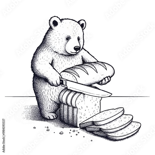 Bear cutting a loaf of bread.