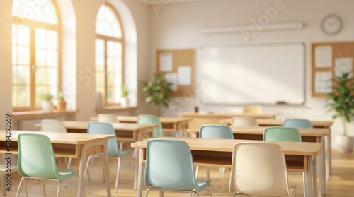 A bright, sunlit empty classroom with colorful desks and chairs, a whiteboard, and large windows, creating an inviting learning space.