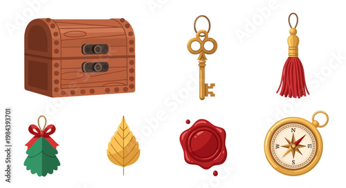 Vintage Chest, Key, Tassel, Leaf, Wax Seal, and Compass Set