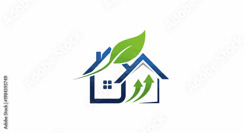 Eco-friendly house symbol with green leaf and upward arrows
