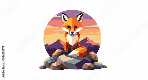 Geometric fox sits on rocks before a sunset mountain vista