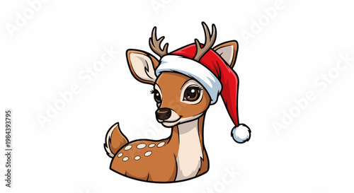 Cute cartoon fawn wearing a festive red and white Santa hat