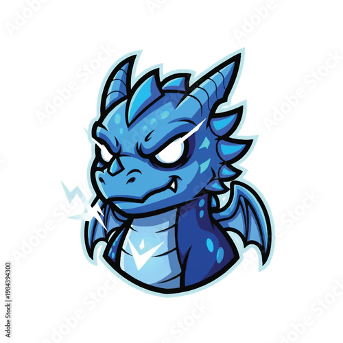Blue Cartoon Dragon Head Closeup Portrait.