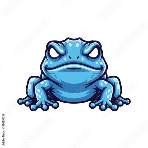 Blue cartoon frog with angry expression.