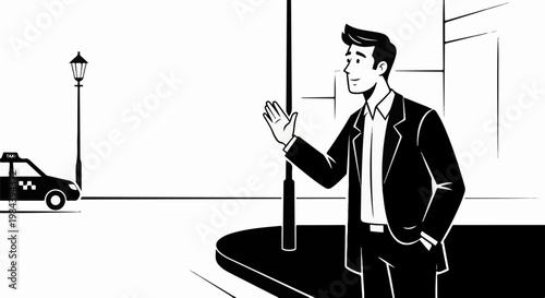 Man in suit waving for a taxi with a street lamp and taxi visible