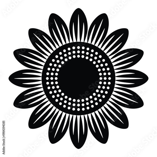 A striking black sunflower design with intricate details presented as a bold silhouette