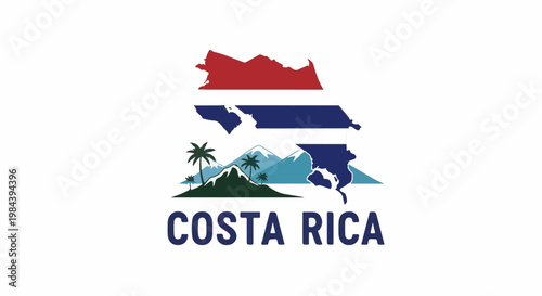 Country outline filled with flag colors, mountains, palm trees, text