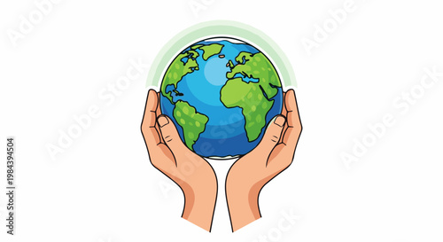 Cartoon hands cradling a vibrant Earth with a light green halo effect