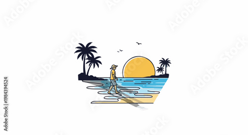 Man walks on tropical beach at sunset with palm trees and ocean