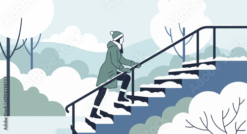 Person in winter coat climbs snowy stairs amid bare trees and clouds