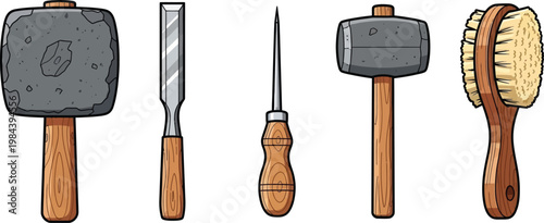 Set of five vintage woodworking and carving tools including mallets chisels and a brush white background cut out woodworking handmade illustration collection equipment hardware workshop