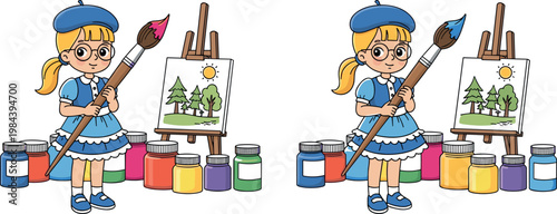 Cute little girl painting on canvas with brush and paints art class creative child artist vector illustration set