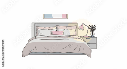 Cozy bedroom scene with a bed, bedside table, lamp, and artwork