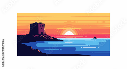 Pixelated tower on rocky coast overlooks ocean with sailboat at sunset