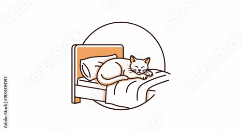 A white cat naps peacefully on a made bed with a pillow