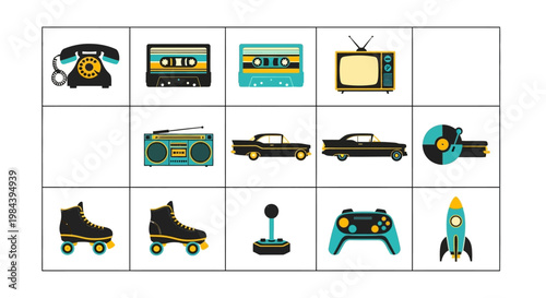 Retro 80s & 90s Vintage Icons: Technology, Music, and Transport Collection