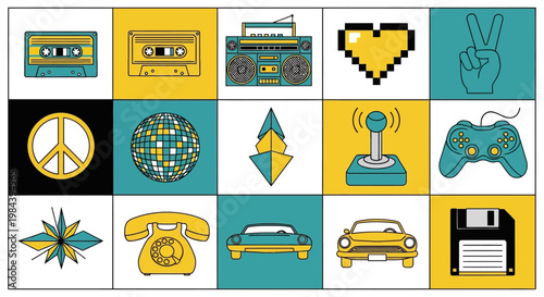 Retro 80s 90s Pop Culture Icons Collage: Cassette, Boombox, Pacman, Peace Sign
